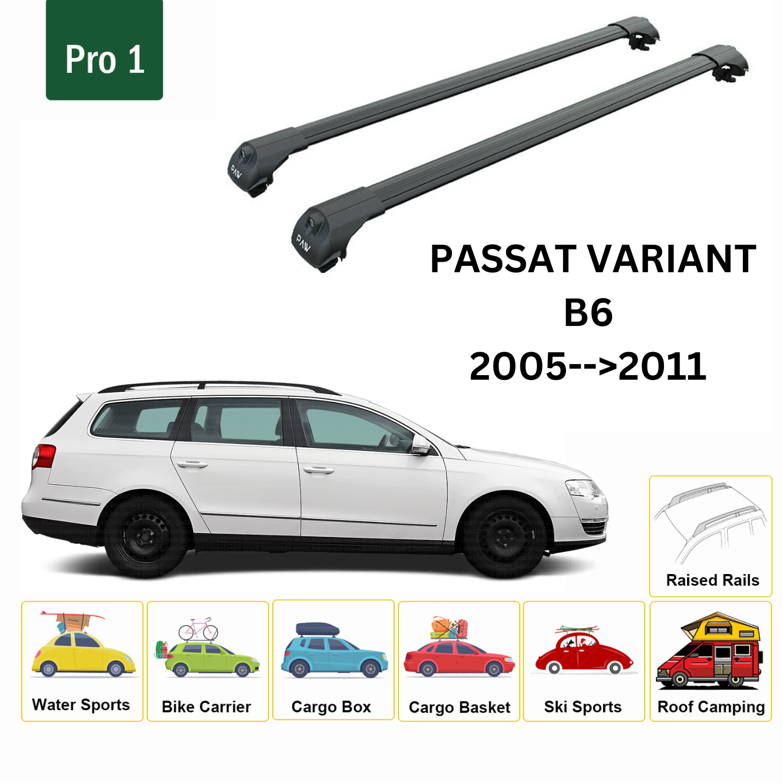 For Volkswagen Passat Variant B6 2005-11 Roof Rack Cross Bar Raised Rail Alu Black For Volkswagen Passat Variant B6 2005-11 Roof Rack Cross Bar Raised Rail Alu Black